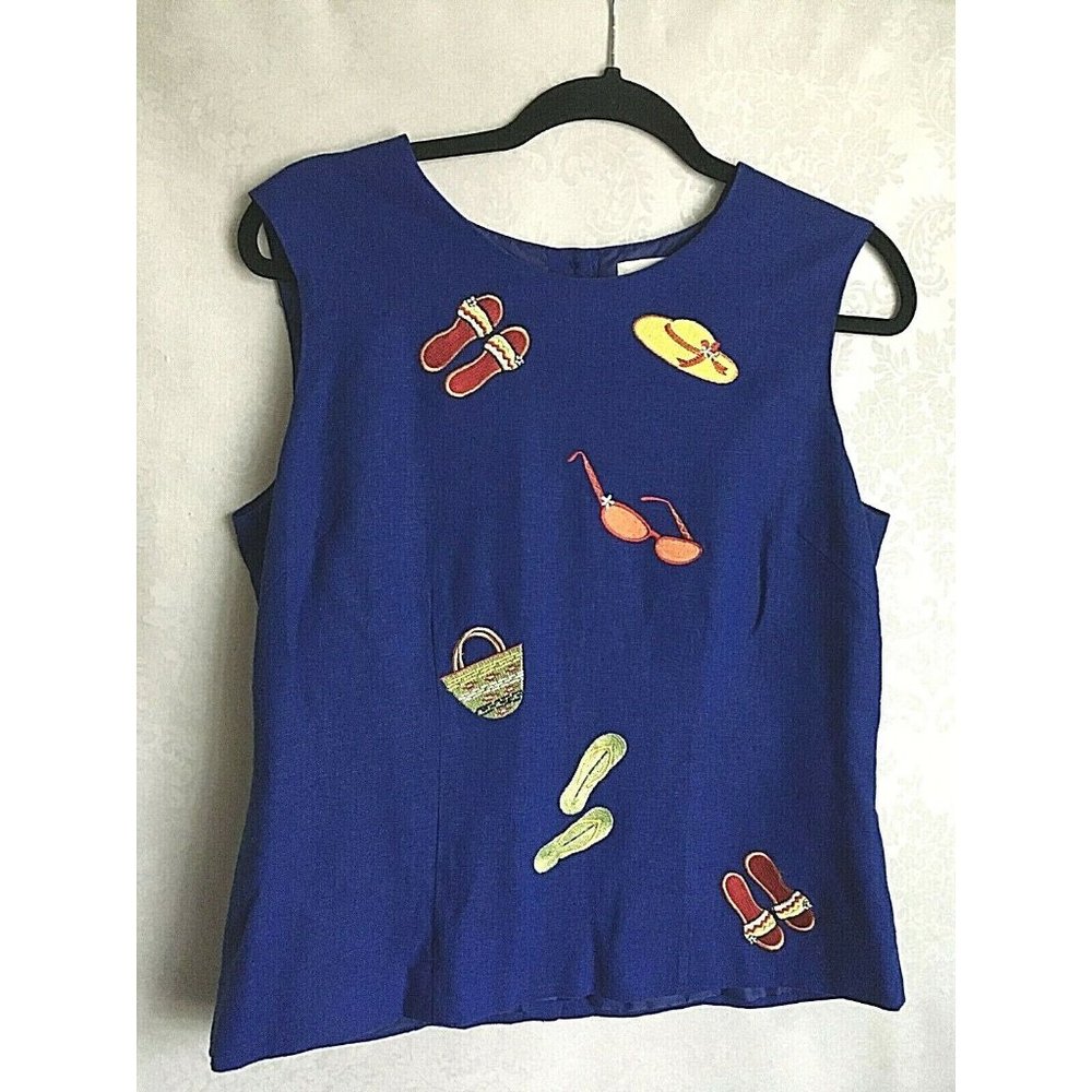 Dressbarn Women Blouse Lined Cami Linen Blend Size 10 Applique Fun Travel A6